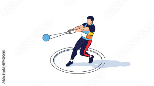 Athletic man performing a hammer throw in a track and field competition depicted in a clean and modern isometric illustration style.