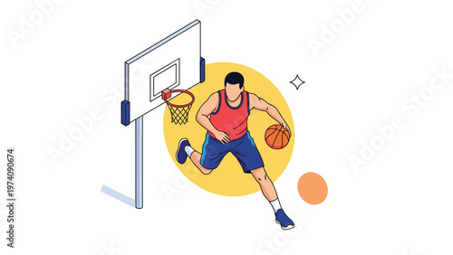 Basketball player dribbling a ball toward a hoop with a dynamic yellow background circle representing speed and focus in sports.