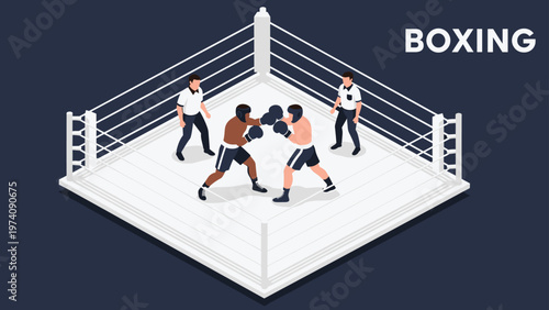 Two boxers competing in a match inside an isometric boxing ring with two referees watching the fight closely on a dark background.