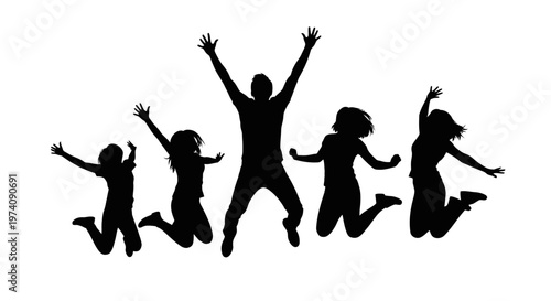 Silhouettes of joyful people jumping in unison, celebrating success and freedom.
