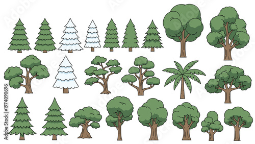Detailed collection of diverse tree species including pine, palm, and broadleaf varieties presented in a clean illustrated style for design.