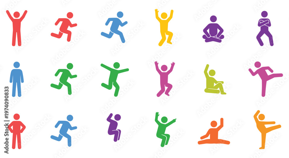 Obraz premium Collection of flat vector icons depicting people in various poses. Set includes characters running, jumping, sitting, and celebrating. Vibrant silhouette human shapes on plain white background.