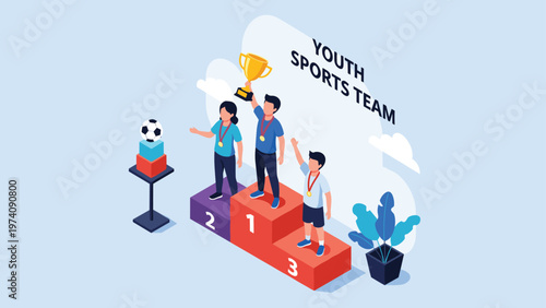 Three young sports team members standing on a winner's podium with medals and a trophy to celebrate their victory in a match.