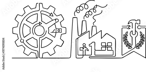 Industrial Factory and Gear Line Art – Manufacturing, Engineering and Production Concept Illustration