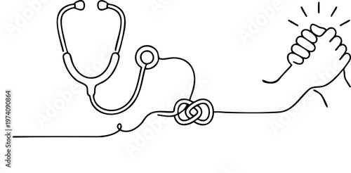 Medical Care Support Line Art – Stethoscope, Helping Hands & Healthcare Connection Illustration