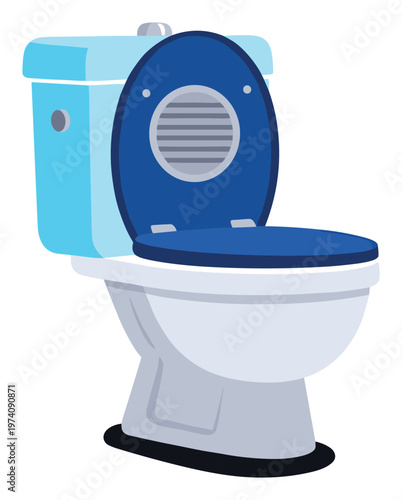 Functional home bathroom toilet with a light blue tank and dark blue open seat for hygiene product promotions sanitation service ads or plumbing fixture displays