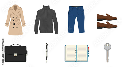 Everyday essentials for modern men featuring classic clothing items and functional accessories like a trench coat sweater jeans briefcase and planner for style and utility applications