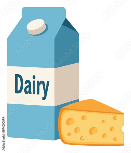 A refreshing milk carton labeled Dairy stands alongside a delicious wedge of cheese, representing essential food products for healthy eating and grocery store promotions.