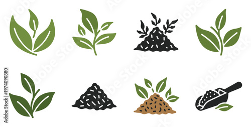 Collection of green plant leaves and soil icons representing growth and natural agriculture for ecofriendly branding, gardening applications, and environmental projects.
