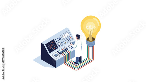 Professional scientist working on a control panel connected to a giant glowing lightbulb to represent a bright innovative idea.