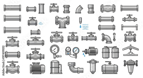 Assorted Pipe Fittings and Valves Illustration.