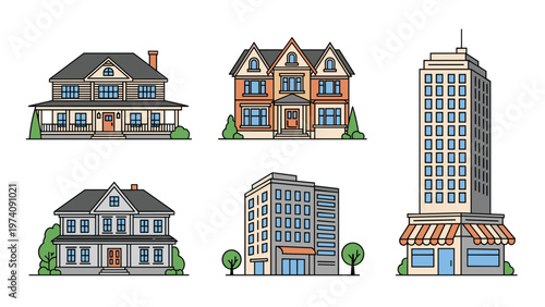 Collection of diverse architectural structures including residential houses, a modern apartment building, and a commercial skyscraper with shop.