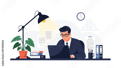 Businessman wearing glasses working late on a laptop at a desk under a lamp with plants, books, and folders in the background.