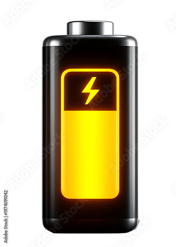 A battery with a yellow lightning bolt icon on its black and yellow surface