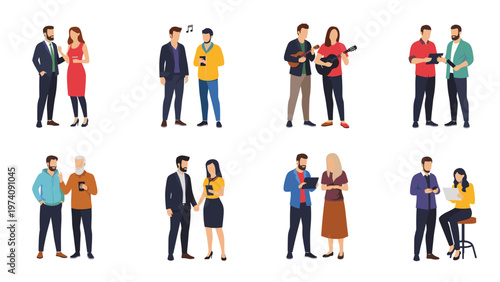 Diverse collection of pairs of people engaged in various activities like talking, playing music, and working on tablets together.