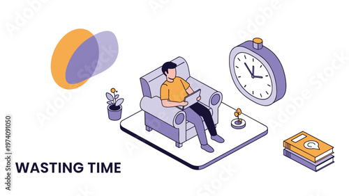 Isometric concept of wasting time featuring a young man sitting in an armchair with a laptop next to a large purple alarm clock.