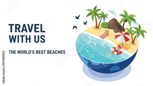 Isometric travel concept showcasing a tropical beach paradise with palm trees and a person swimming on a section of the globe.