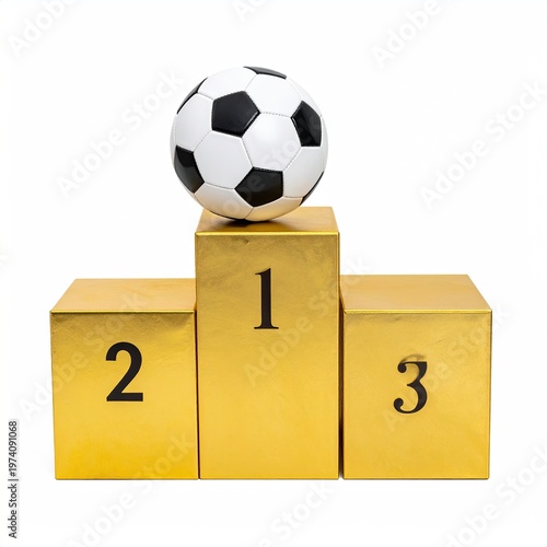 Soccer ball on a gold podium with numbers signifying the winners in first second and third place for sports achievements and success