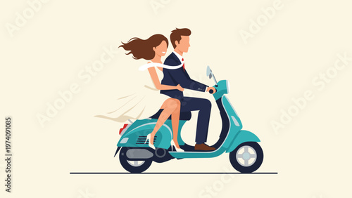 Elegant couple in wedding attire riding a vintage turquoise scooter with their hair and bridal dress flowing in the wind.