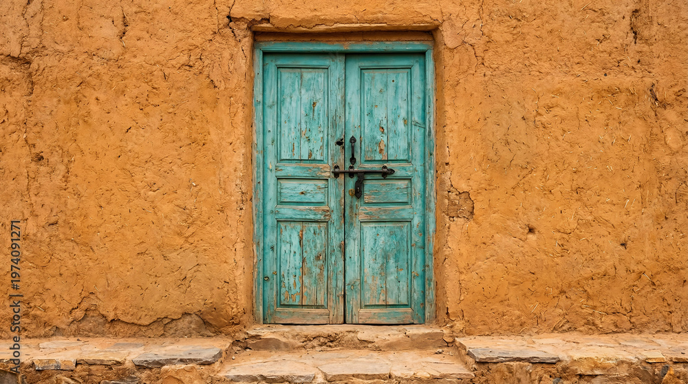 Fototapeta premium Old weathered turquoise wooden double door set in a textured orange mud wall of a traditional rustic adobe building in the desert.