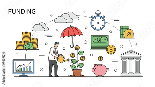 Detailed line art illustration of a businessman watering a plant with coins instead of leaves as part of a funding concept.