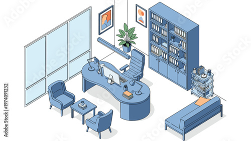 Isometric view of a stylish modern office interior with a curved desk, bookshelves, a sofa, and plants in a light blue color palette.