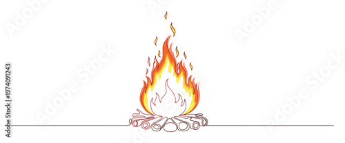 Continuous line drawing of a vibrant campfire with blazing orange and yellow flames over stacked logs perfect for camping themed events and outdoor adventure promotions