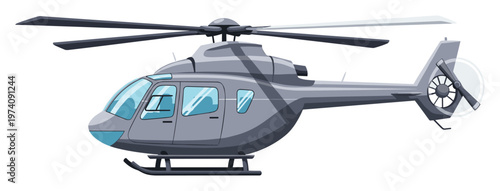 Modern gray helicopter featuring a prominent main rotor, tail rotor, and sleek design, ideal for depicting aerial transport, emergency services, or travel.