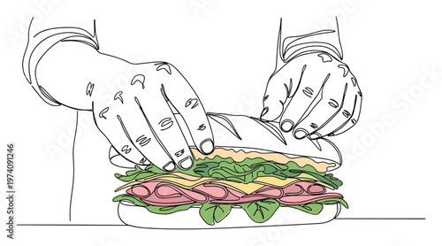Continuous line drawing of hands making a fresh deli sub sandwich with layers of ham, cheese, and lettuce, perfect for food preparation guides or healthy meal advertising