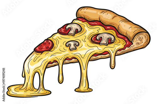 Delicious hot pizza slice with melting cheese, savory pepperoni, and fresh mushroom toppings, perfect for food menus, restaurant promotions, or culinary advertisements.