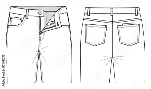 Technical drawing of jeans garment flat sketch showing front and back views with detailed stitching and hardware perfect for apparel design and clothing production outlines