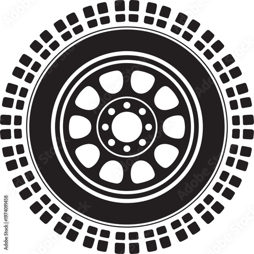 Circular geometric tire pattern abstract radial wheel ornament black vector symbol