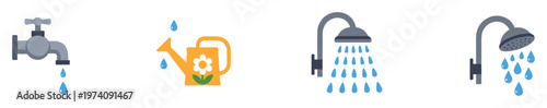 Essential flat icons representing common water flow elements including a leaking faucet, garden watering can, and showering heads, useful for environmental, home, and utility themes.
