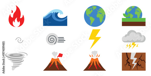 Collection of natural disaster and weather phenomenon icons including fire, wave, earth, wind, lightning, tornado, volcano, and earthquake for environmental safety and climate change