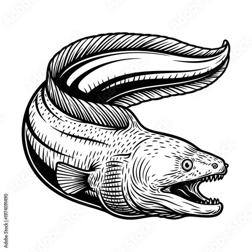 Captivating vintage style illustration of a formidable moray eel with an open, toothy mouth, expertly rendered in a classic black and white woodcut aesthetic, depicting its powerful aquatic presence