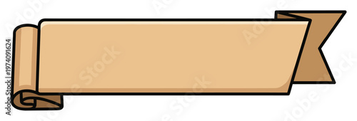 Blank simple light brown banner or antique parchment scroll graphic featuring a curled edge and swallowtail cut, perfect for adding customizable text, promotional offers, or important