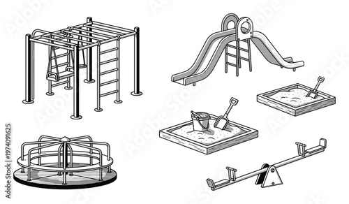 Diverse collection of classic playground equipment for children featuring monkey bars, slide, sandpit, seesaw, and merrygoround, great for outdoor fun and recreational themes