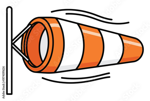 Iconic orange and white striped windsock clearly illustrating wind direction and speed, perfect for weather graphics, aviation safety information, or outdoor activity related educational