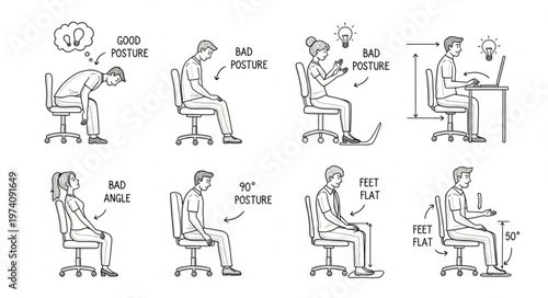 Correct and Incorrect Postures for Sitting at a Desk.