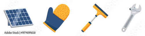 Essential set of handy tools including a solar energy panel, a versatile scrubbing mitt, an efficient window squeegee, and a robust adjustable wrench, ideal for various maintenance and