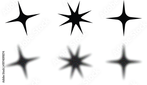 Grunge Minimal Star Shapes with Grain Texture and Faded Edges, Vector Luminary Shape Set with Retro Y2K Style for Vintage Inspired Edgy Design and Digital Artwork
