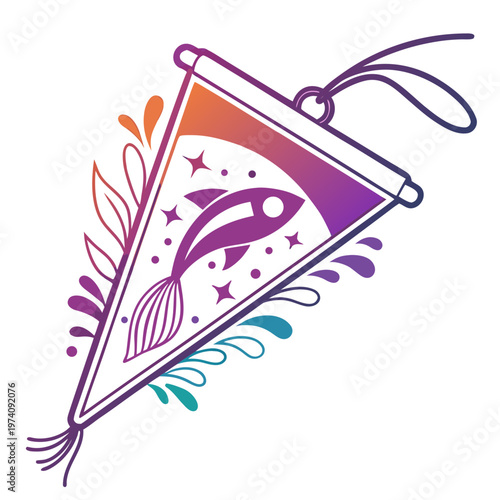 Colorful triangular pennant banner with stylized fish, stars, and decorative floral elements for festive occasions.