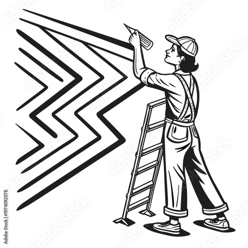 Woman painter in overalls on ladder applying bold zigzag paint strokes to wall, creative interior design project.
