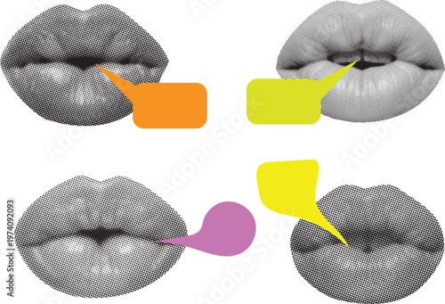 Girl lips retro pop art halftone collage with speech bubbles in dotted comic style. Bold vector illustration for advertising and poster design. Symbolizing expression and pop culture