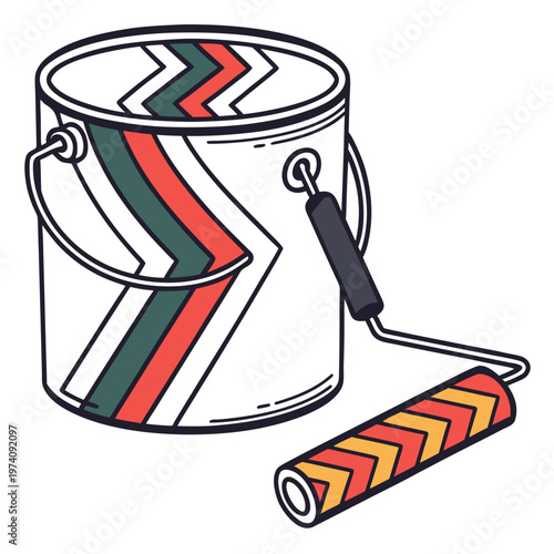 Industrial paint bucket with zigzag pattern design and small paint roller applicator for professional building renovation and diy house painting.