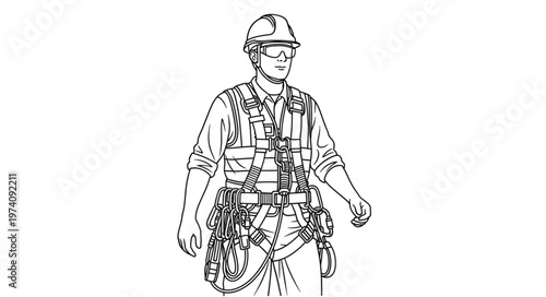 Construction worker wearing safety harness and hard hat.