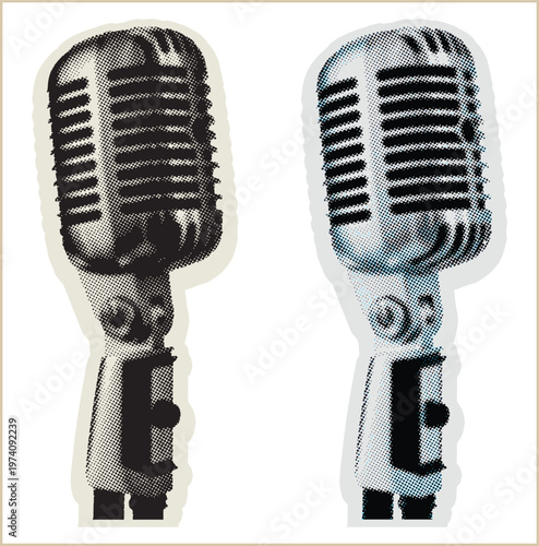 Microphone pop art halftone collage in retro comic style illustration. Bold dotted vector design for music, podcast and media use. Symbolizing communication and energy