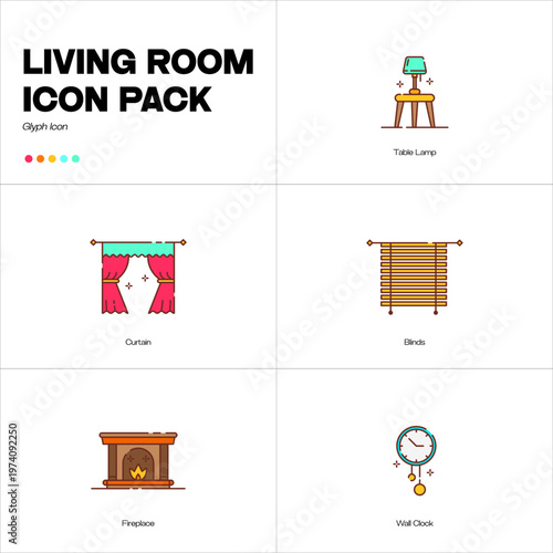 Living Room Furniture Glyph Icon Pack. Interior Decor Set