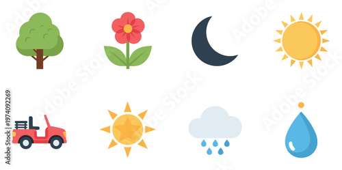Collection of diverse everyday nature and weather symbols alongside a leisure vehicle providing versatile visual assets for educational materials, mobile applications, and environmental