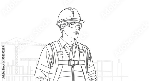 Construction Worker Wearing Safety Harness and Hard Hat.